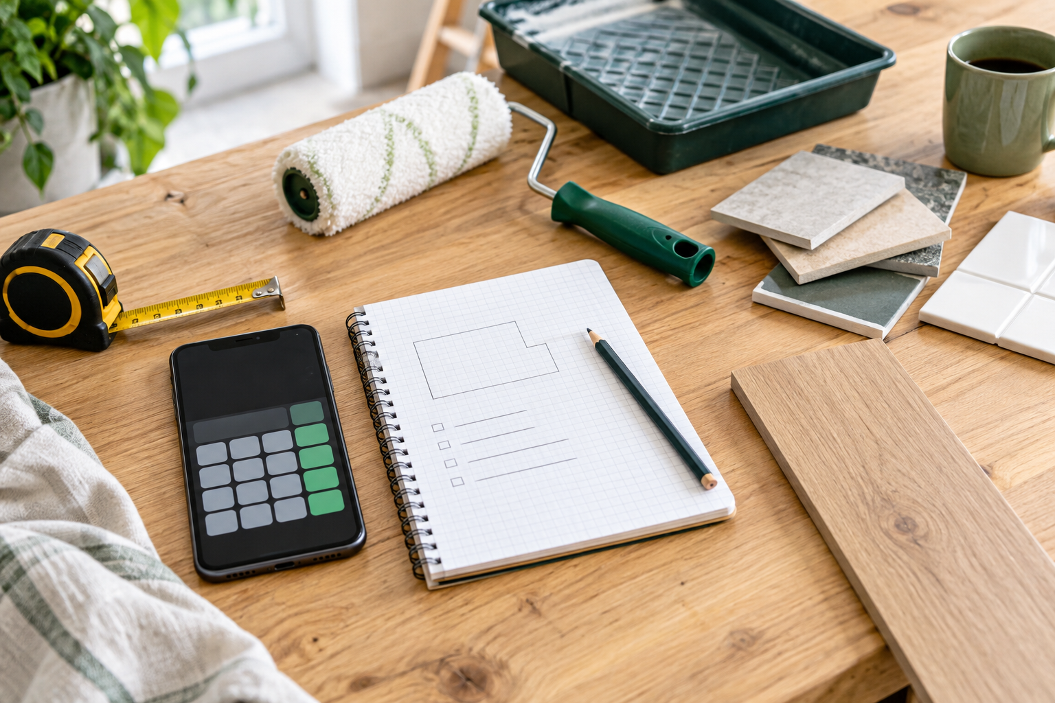 A table with measuring tools, tile samples, a notepad, and a phone calculator for planning a home project.